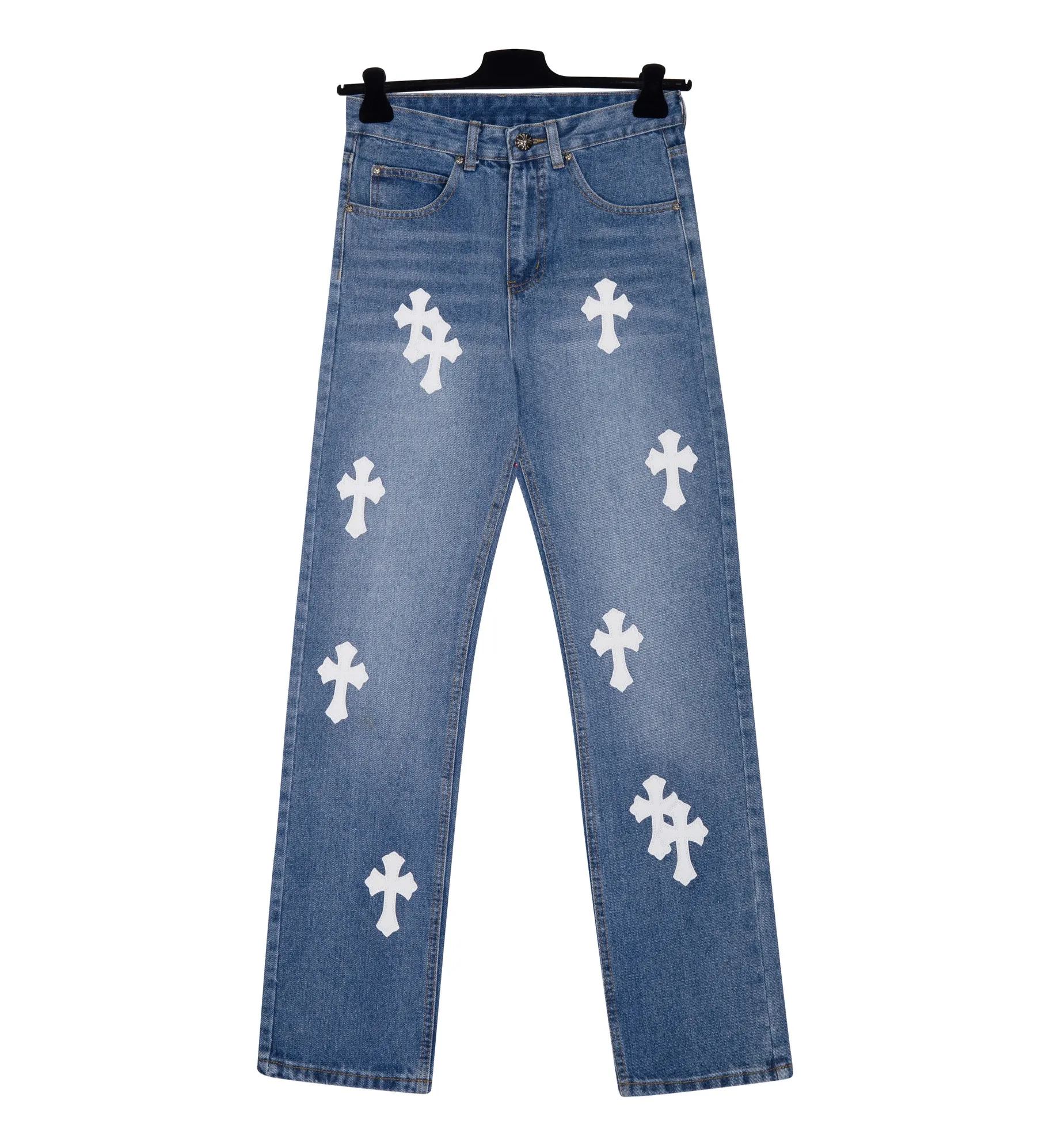 P206 [Next day] Chrome Heart cross patchwork leather jeans Top-notch heavy-duty washing process Calfskin laser-cut cross Distressed silver hardware Straight-leg version makes the upper body slimmer High-end quality distinguishes the market currency Color: blue and white Size: 28 30 32 34 36 Corresponding sizes | S-XXL Ready in stock in seconds Detailed sizes can be found in Figure 9